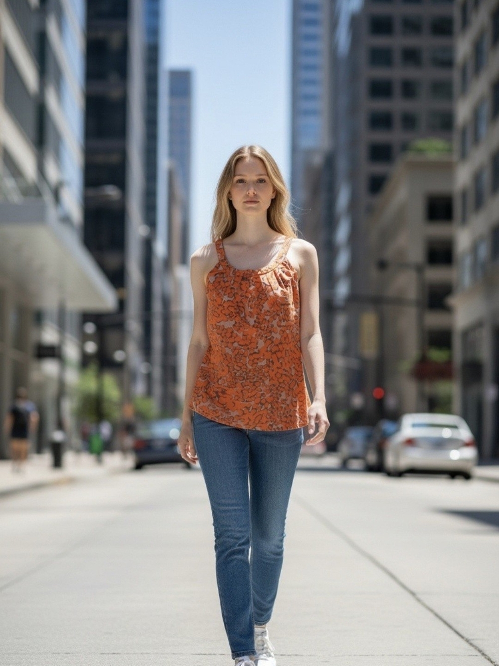 Banana Republic Womens M Orange Printed Sleeveless Braided Strap Blouse Keyhole
